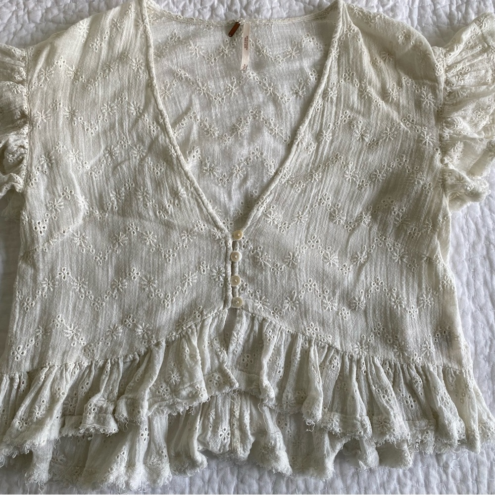 Free People Cream Ruffled Wrap Blouse